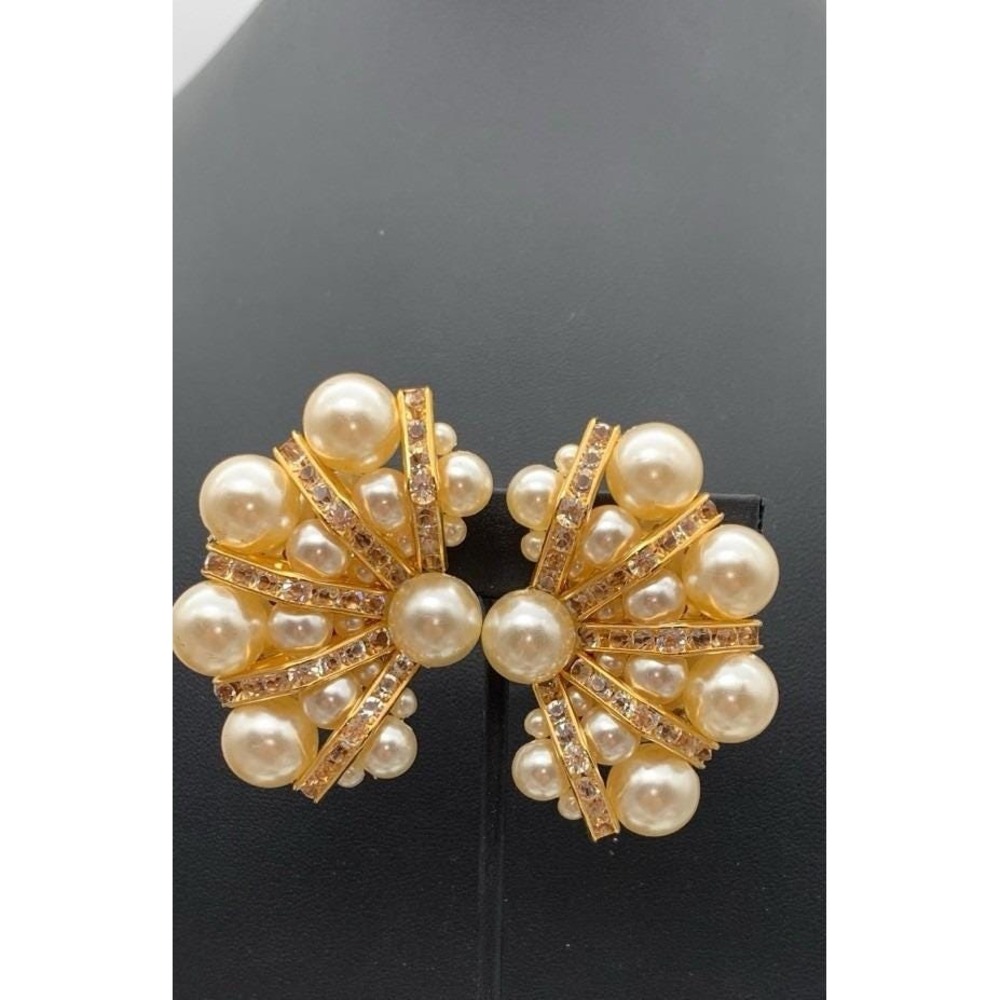 Vintage Gold Tone Faux Pearl And Rhinestone Statement Chunky Clip On Earrings